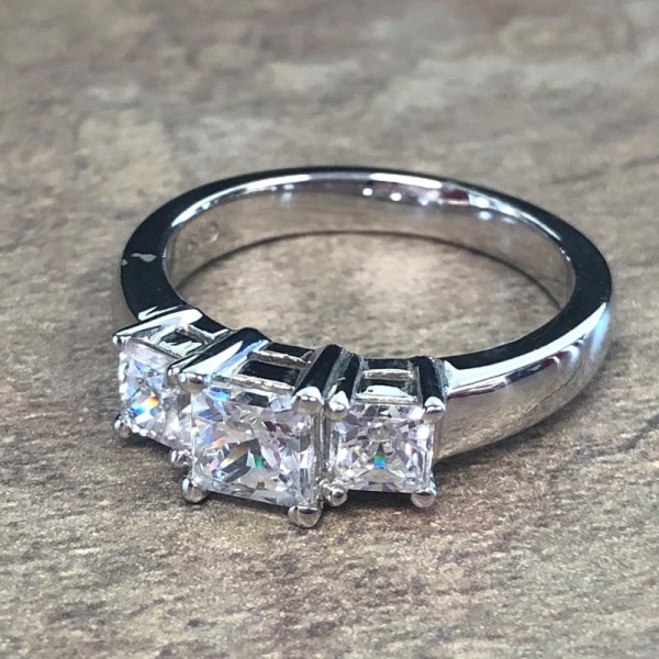 14K White Gold 3 Stone Princess Cut Engagement Ring